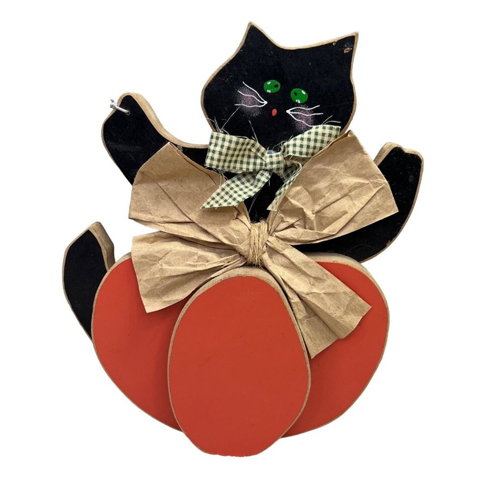 Halloween Wooden Black Cat in Pumpkin Shelf Sitter Plaque Sign Primitive Fall